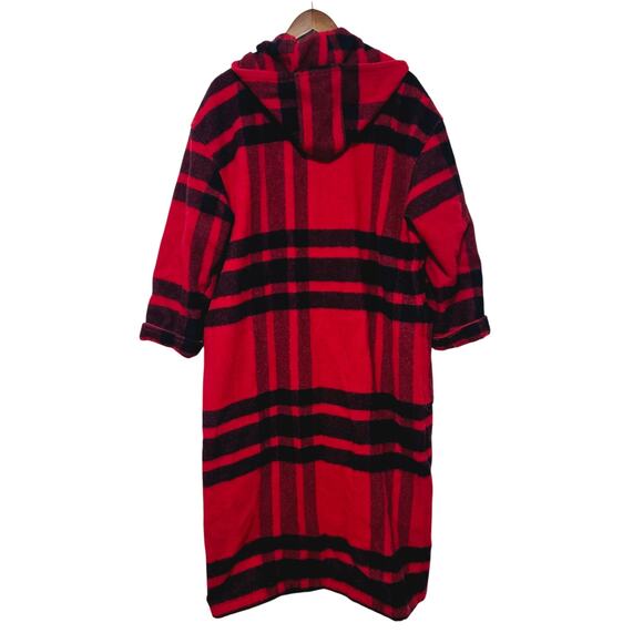 Vintage L.L. BEAN Red Buffalo Plaid Hooded Fringed Wool Coat Women's Sz LP USA - Picture 2 of 7